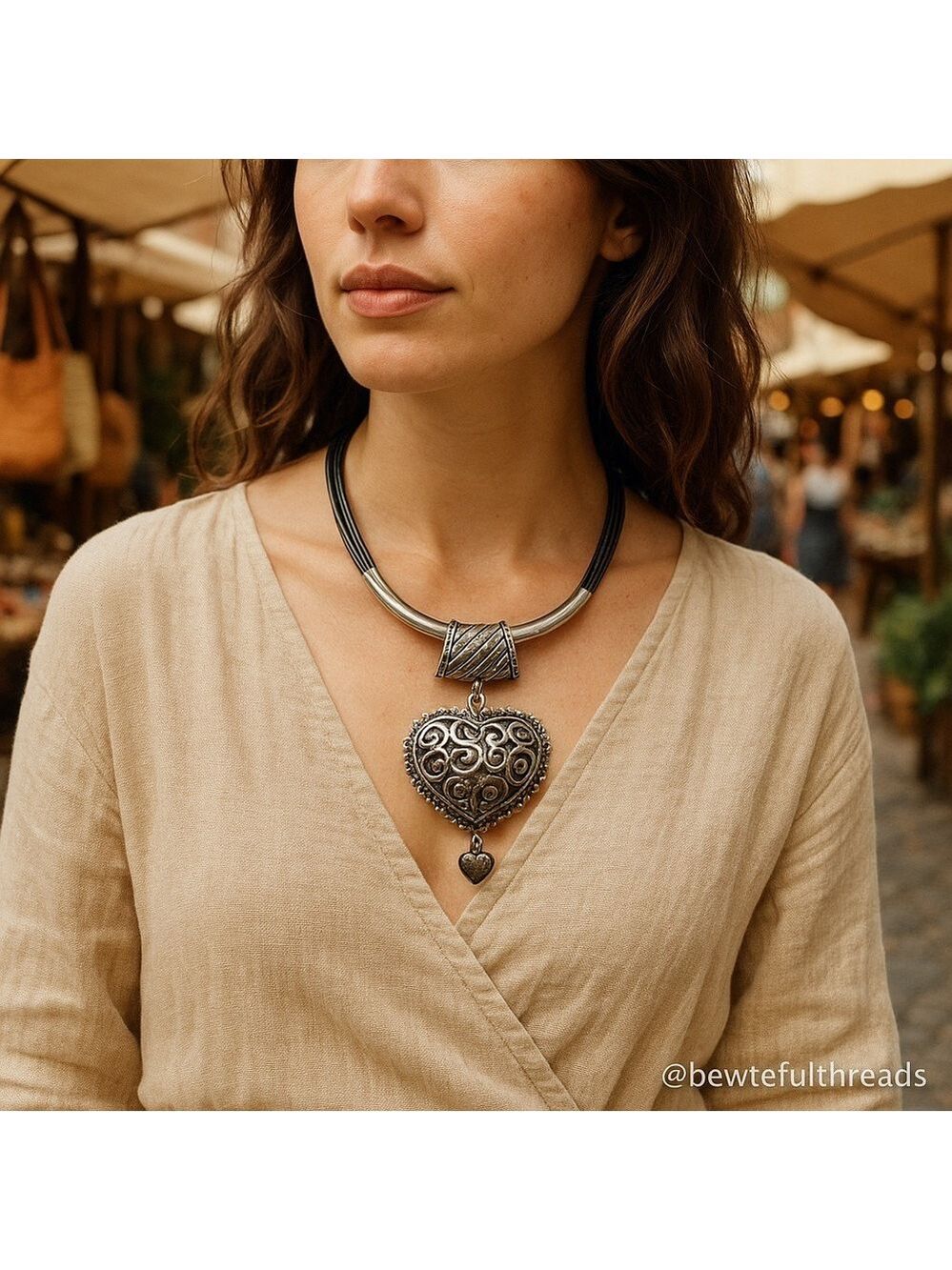 Statement Heart Pendant Necklace Silver tone Filigree Black Cord Vintage Style